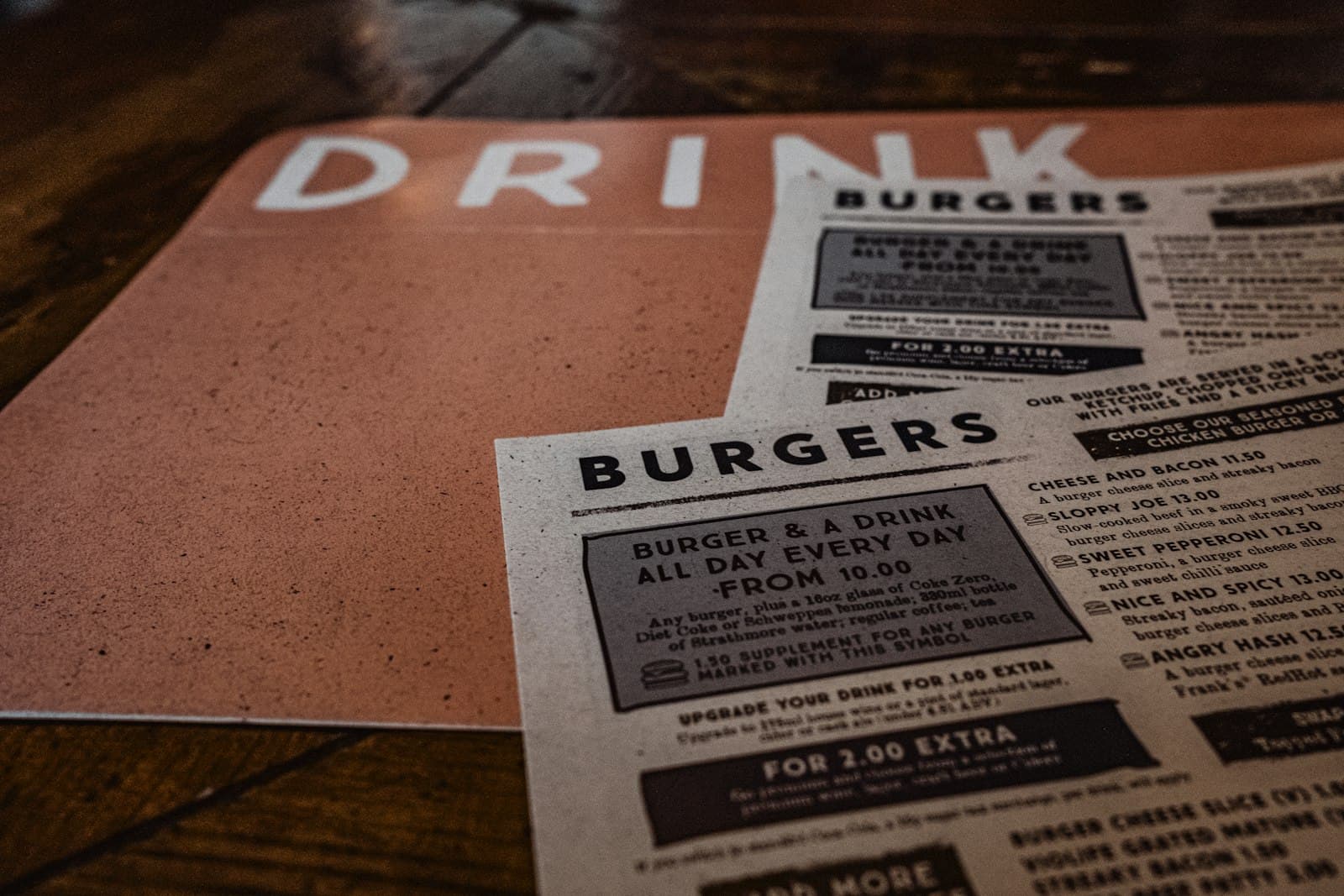 Burger menu with prices on a wooden table